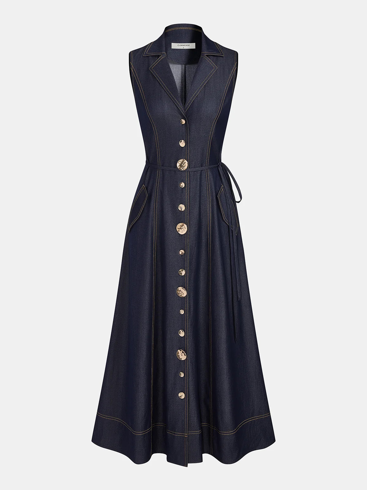 Sleeveless Button Down Belted Denim Maxi Dress | Commense