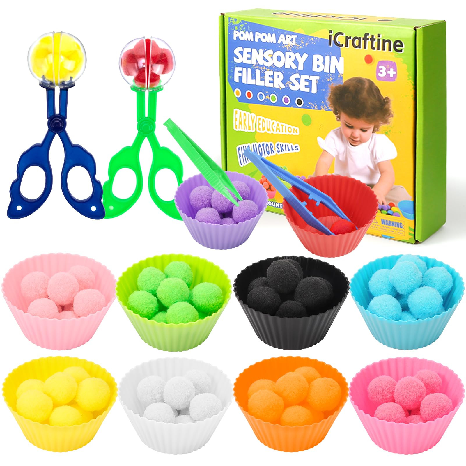 114 PCS Fine Motor Skills Sensory Bin Filler Includes 10 Sorting Bowls, 100 Pom Poms, 2 Tweezers,... | Amazon (US)