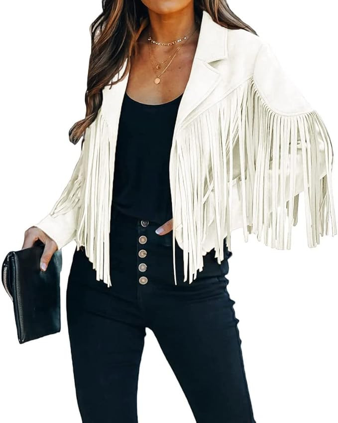 utcoco Women's Faux Suede Leather Fringe Jacket Motorcycle Moto Biker Short Open Front Tassel Coa... | Amazon (US)
