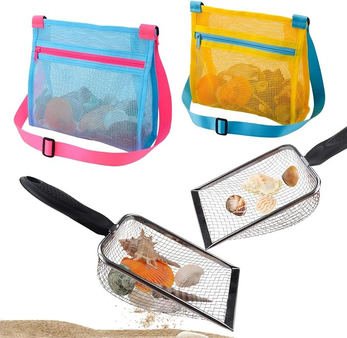 Beach Mesh Shovel with Mesh Shell Bags, Kids Filter Sand Scooper for Picking Up Shells,Shark Toot... | Amazon (US)