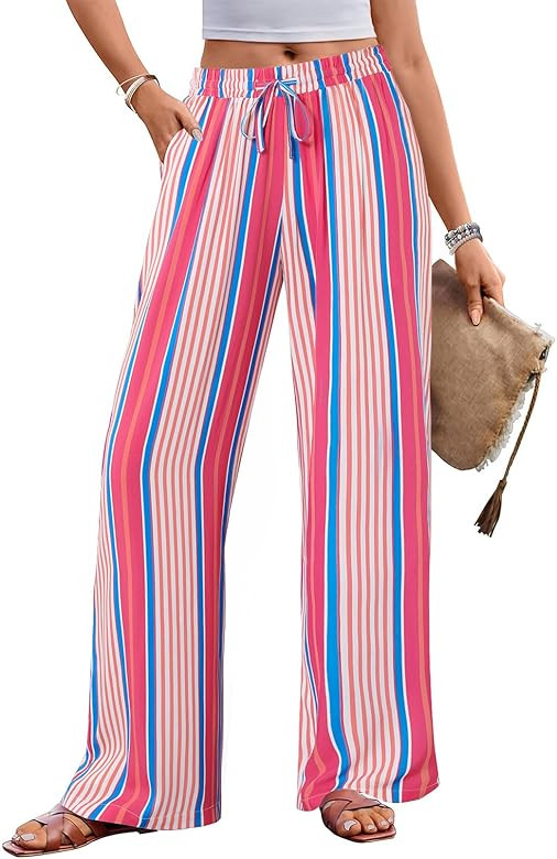 MEROKEETY Women's Striped Floral Wide Leg Pants Drawstring Elastic High Waist Casual Pants with P... | Amazon (US)