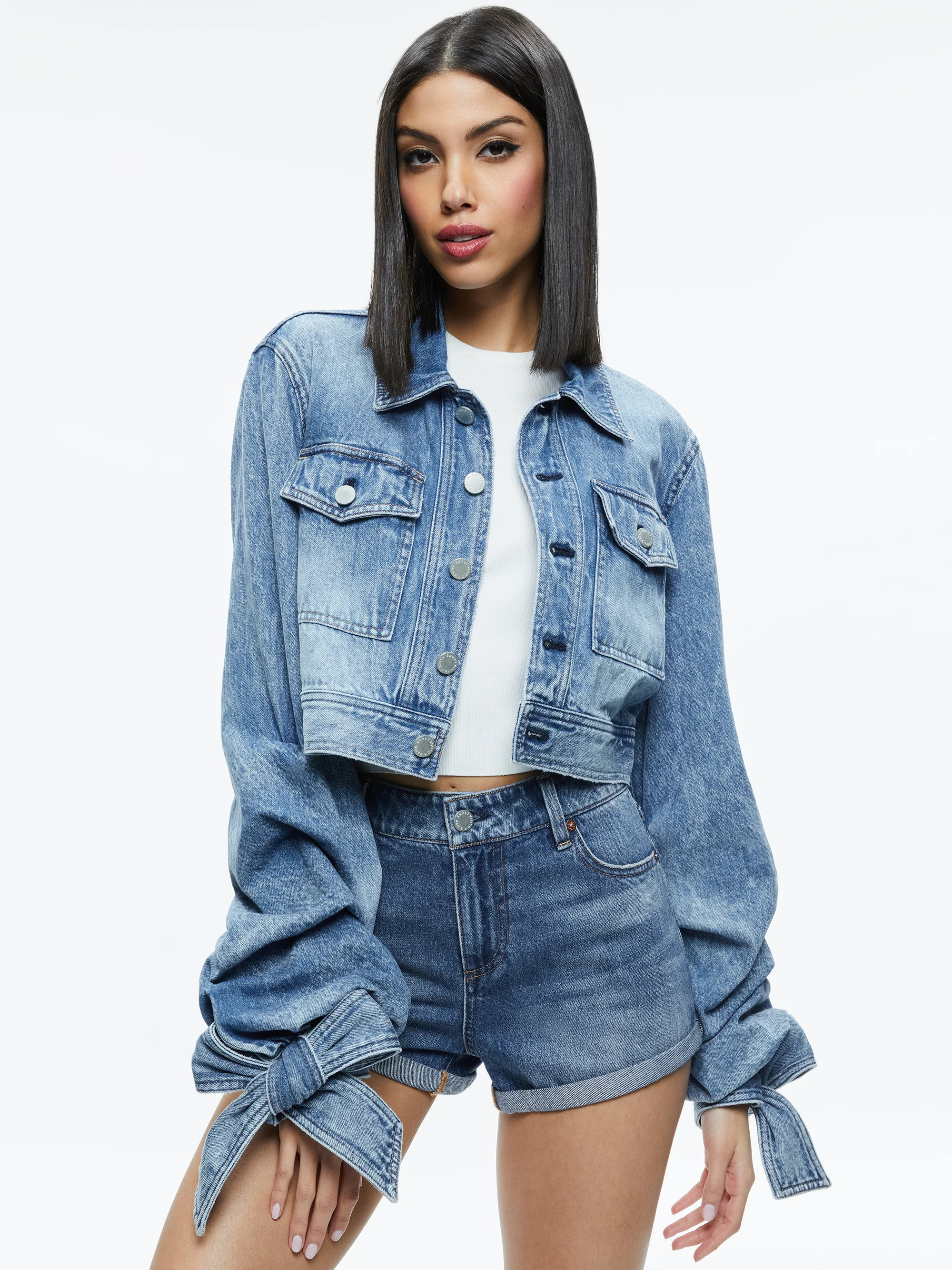TIFF DENIM JACKET WITH BOW SLEEVE | Alice + Olivia