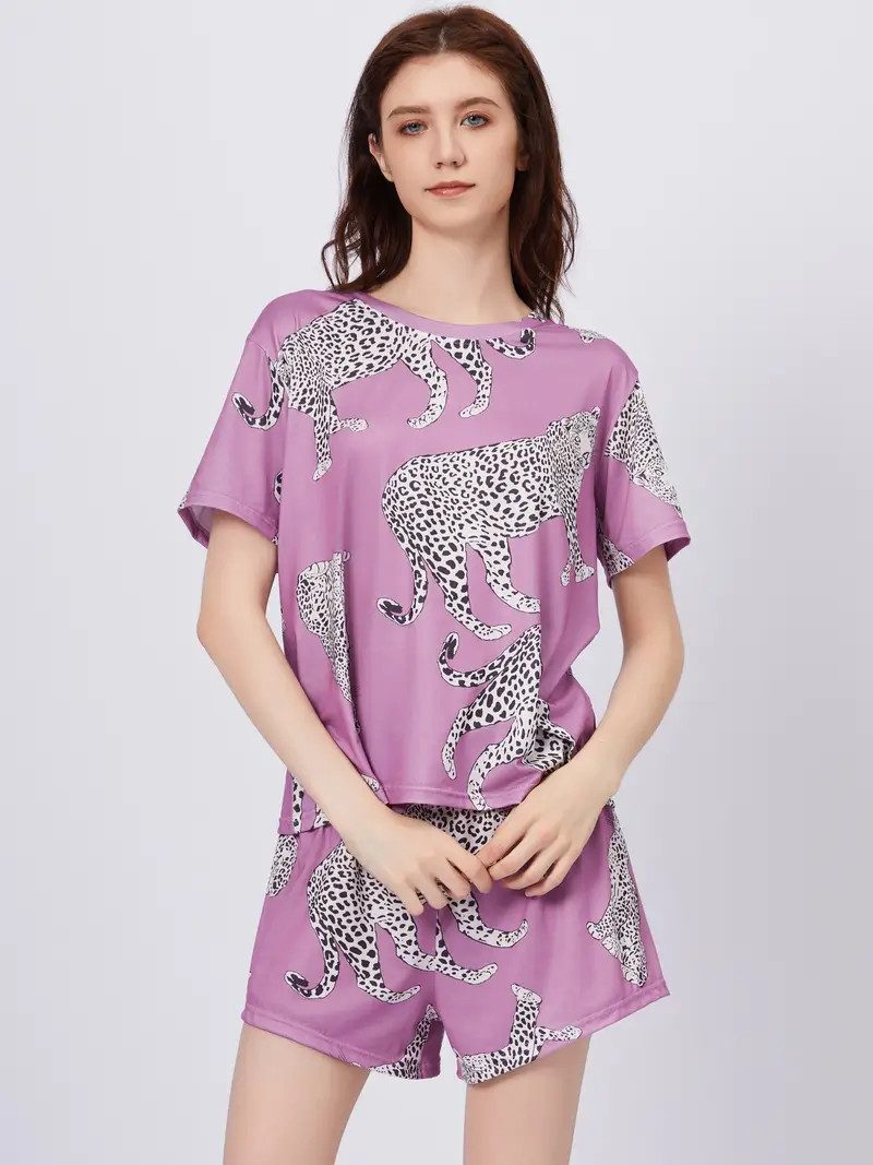 Women's Leopard Print Casual Pajama Set Short Sleeve Round - Temu | Temu Affiliate Program