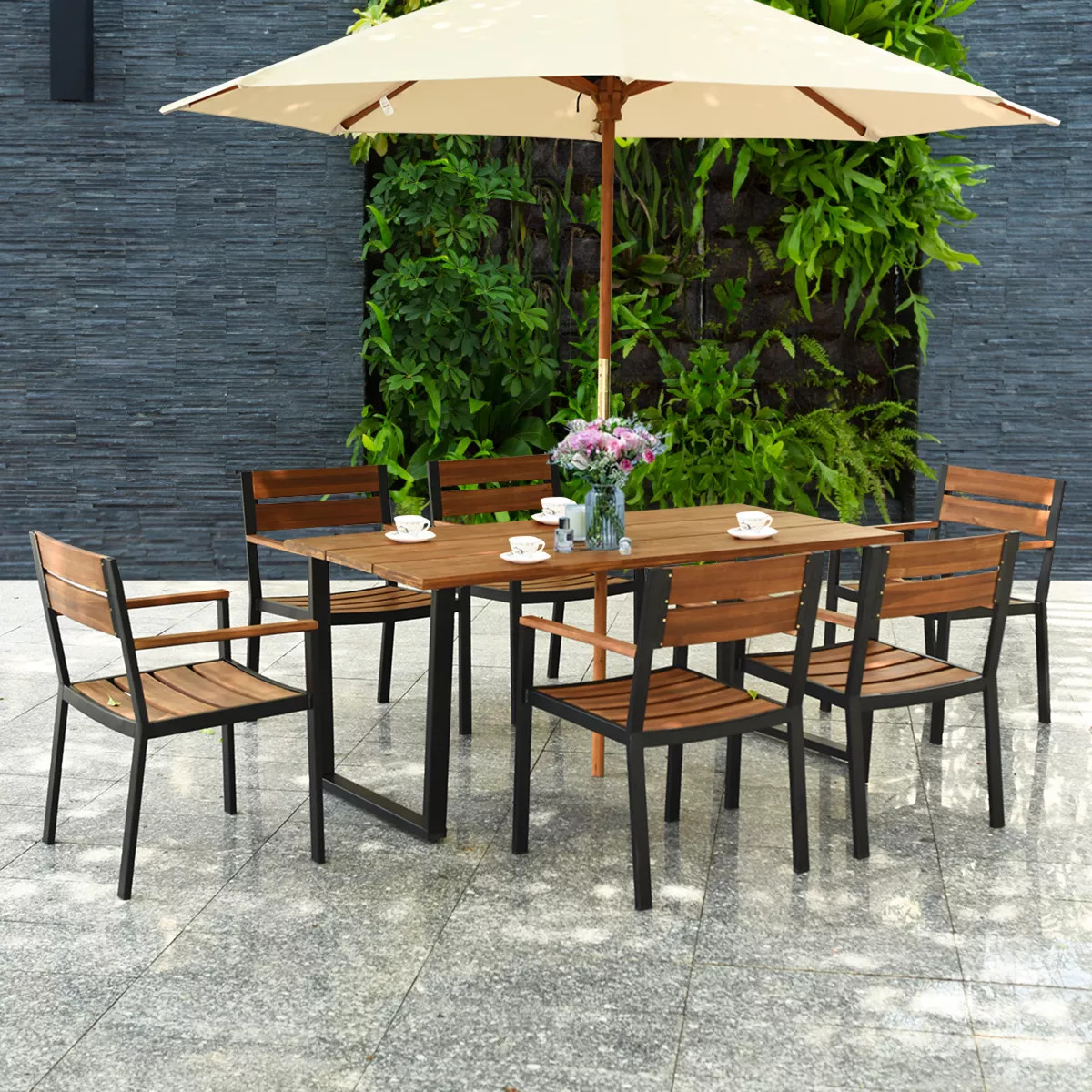 Costway 7PCS Patented Patio Dining Chair Table Set Acacia Wood Backyard W/Umbrella Hole | Target