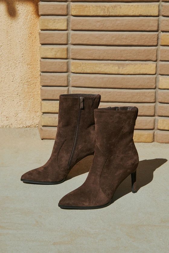 Evander Chocolate Brown Suede Pointed-Toe Mid-Calf Boots | Lulus