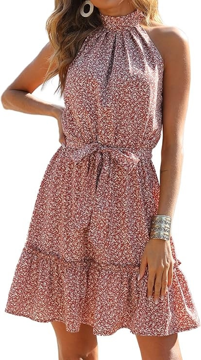 BTFBM Women Floral Dresses Casual Summer Sleeveless Halter Neck Ruffle Belt Boho Polka Dot Leopar... | Amazon (US)