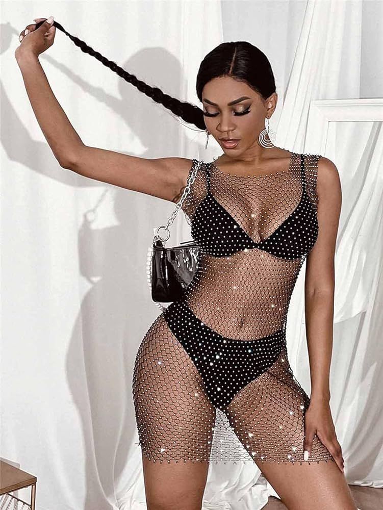 Formery Sexy Mesh Swimsuit Cover Ups Sheer Rhinestone Beach Sleeveless Coverups Fishnet Hollow Out D | Amazon (US)