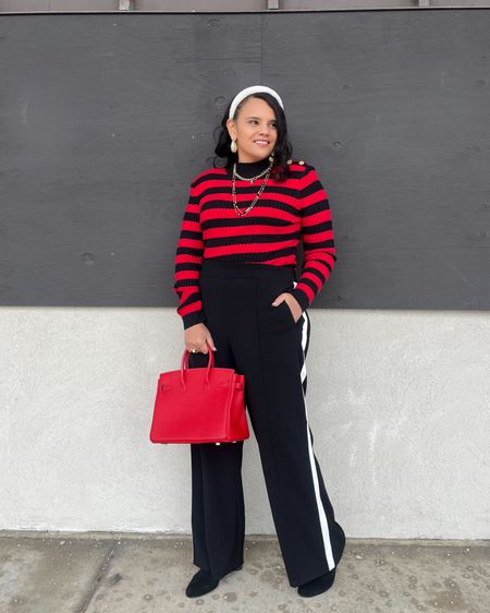 Happy Humpday my friends! I hope every is safe and warm. Today I am wearing these wide let striped pants that are not only super cute but comfortable. I like that these can dressed up order down. Today I decided to style them with this this striped turtleneck with gold button details. I added a little bit of white with the pearl headband and earrings. So many style options and the pants and the sweater are 60% off
#valentines #Worklook #fashionover40 #midsizefashion

#LTKfindsunder50 #LTKsalealert #LTKmidsize