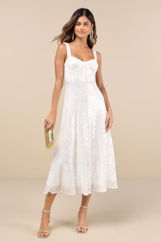 Exceptionally Glamorous White Sequin Pearl Bustier Midi Dress | Lulus