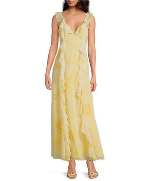 Gianni Bini x Shea Leigh Mills Anderson Floral Printed Georgette Ruffle V-Neck Sleeveless Maxi Dr... | Dillard's