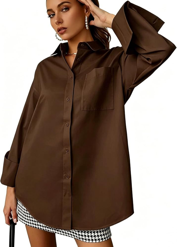 Women's Oversize Collar Button Down Long Sleeve Work Blouse Top | Amazon (US)