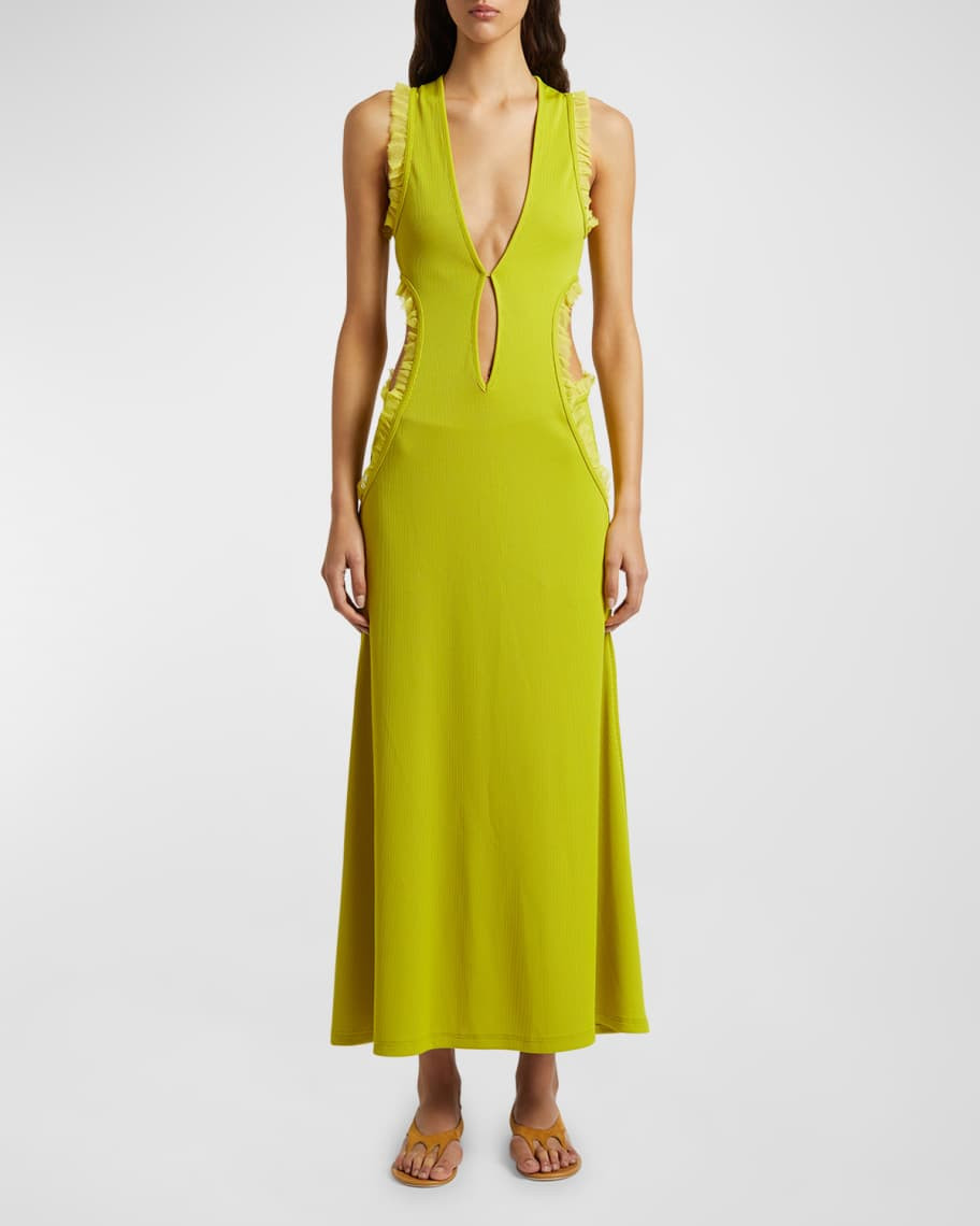 Christopher Esber Carina Plunge Ruffle Cutout Maxi Dress | Neiman Marcus