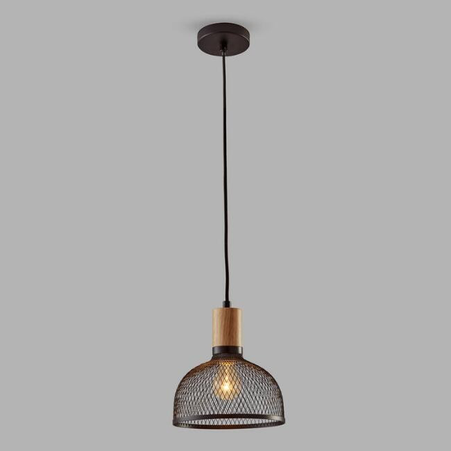Small Black Mesh And Wood Clint Pendant Lamp | World Market