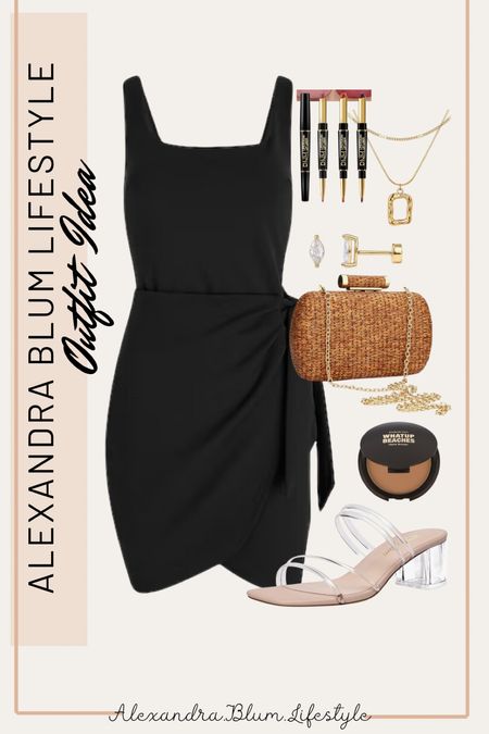 Casual black mini dress from Express! Brown clutch, clear low sandal heels, gold jewelry, and makeup finds from Amazon! Cute date night outfit idea! Spring wedding guest dress! Travel beach vacation outfit idea! 

#LTKparties #LTKfindsunder100 #LTKitbag