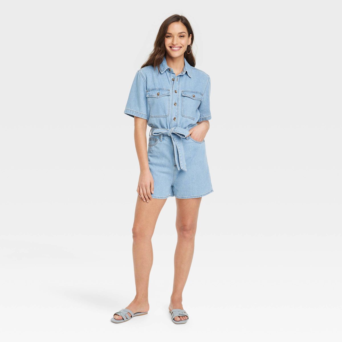 Women's Elbow Sleeve Romper - Universal Thread™ Light Wash 8 | Target