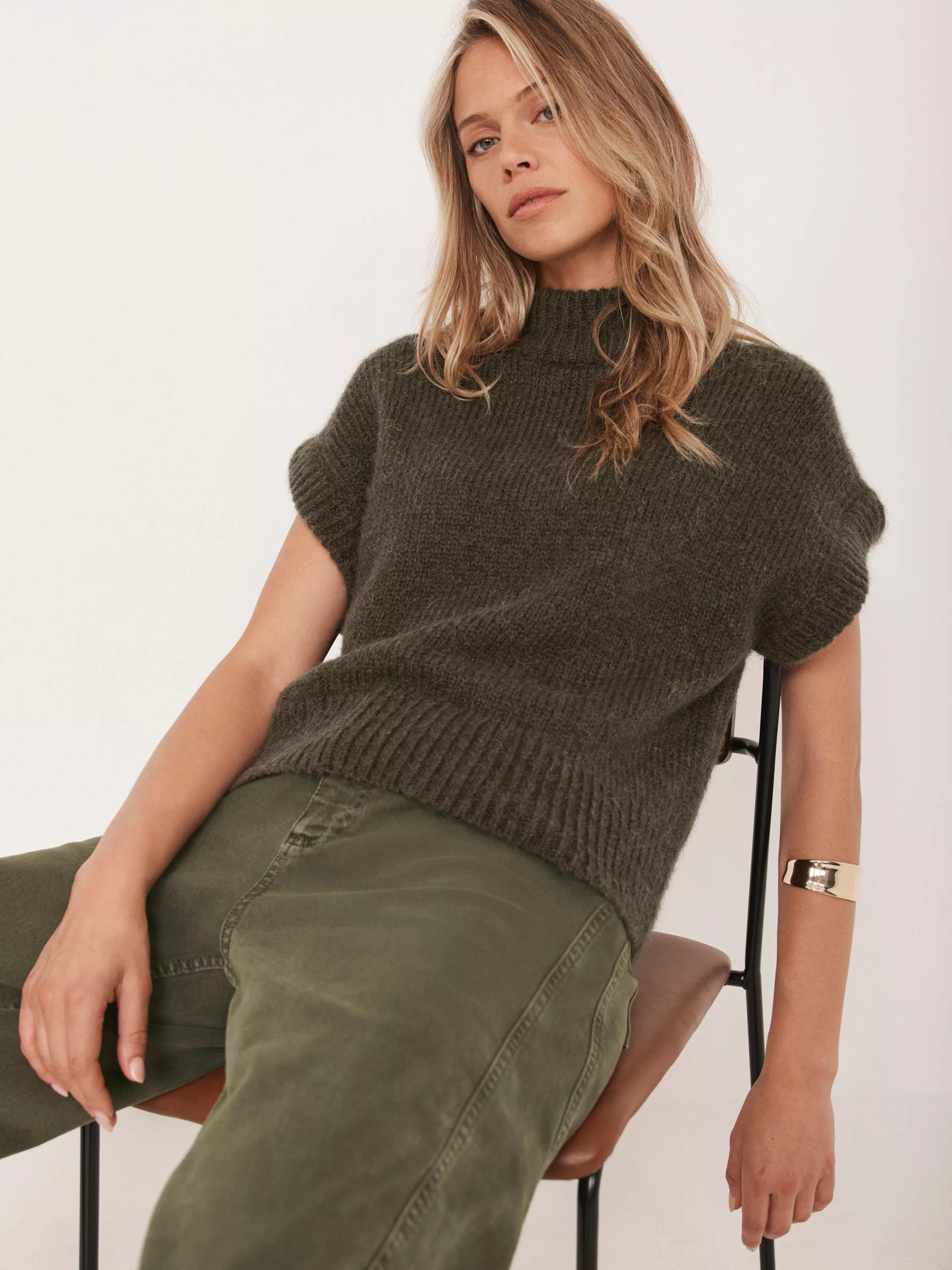 Mint Velvet Wool Blend Knit Top, Khaki | John Lewis (UK)