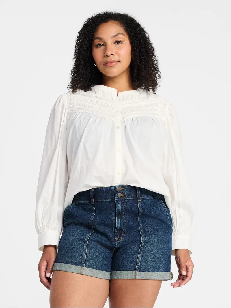 Time and Tru Women's Textured Yoke Cotton Blouse with Long Puff Sleeves, Sizes XS-XXXL | Walmart (US)