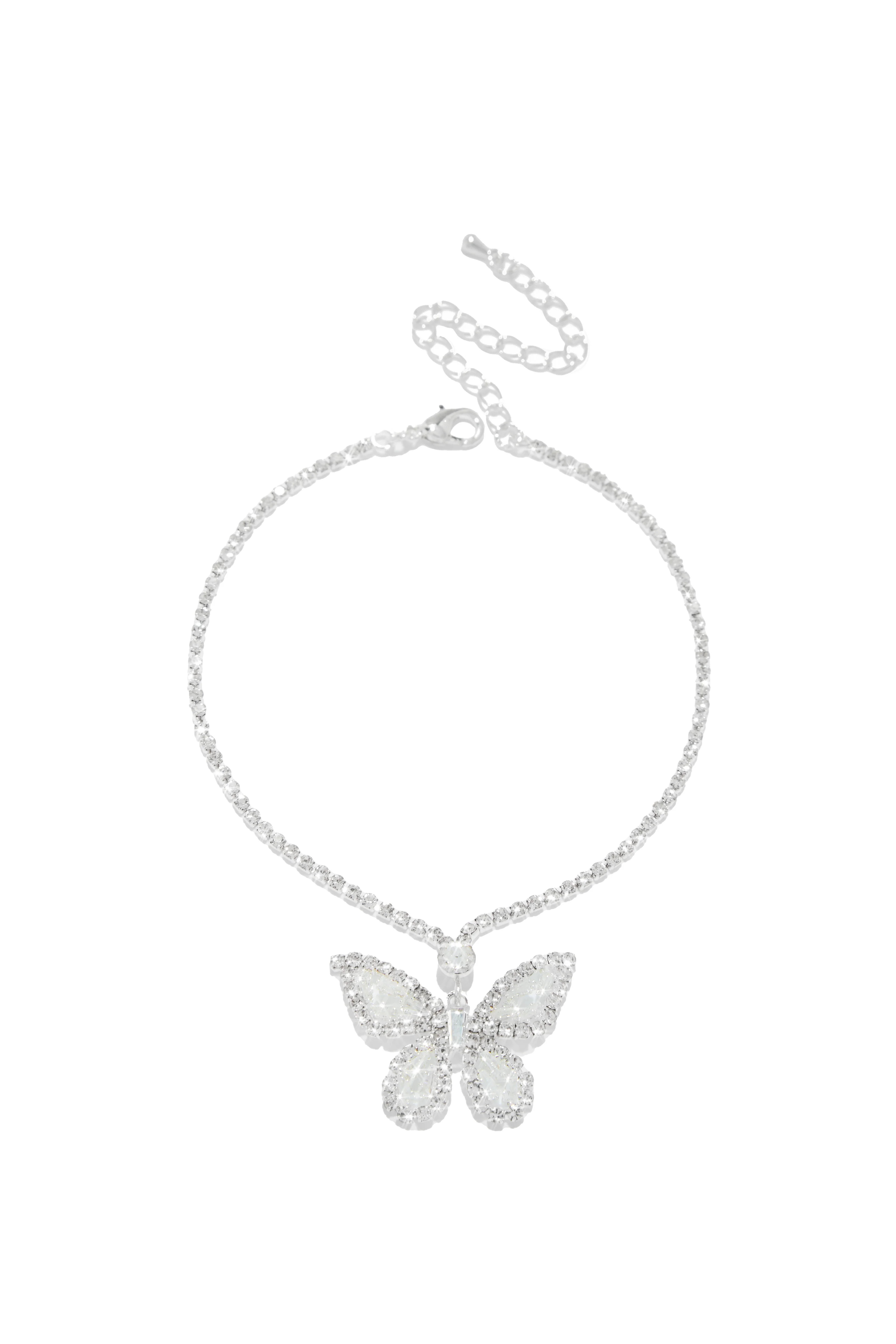 Miss Lola | Summer Fantasy Silver Embellished Butterfly Anklet | MISS LOLA