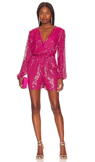 Sequin Wrap Front Romper in Pink Peacock | Revolve Clothing (Global)