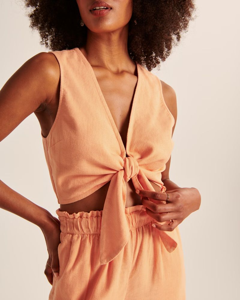 Cropped Tie-Front Linen-Blend Top | Abercrombie & Fitch (US)