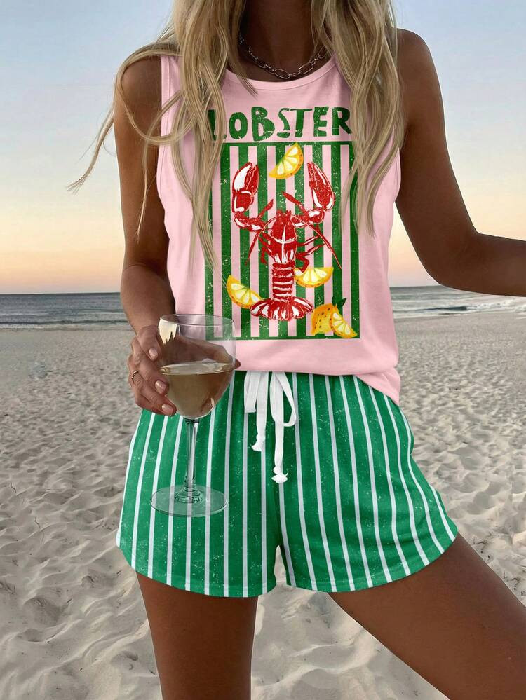 SHEIN LUNE Casual Women's Round Neck Tank Top And Shorts 2 Pieces Set Suitable For Summer Beach P... | SHEIN