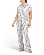 Toile Short Sleeve Notch Collar Top And Elastic Waist Pants Pajama Set | Family Pajamas | Marshal... | Marshalls