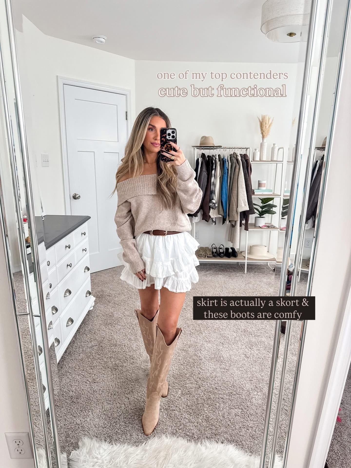 Thanksgiving outfit idea 🍁🥐☕️
+ off the shoulder sweater: small
+ skort: xs
+ belt: xs/s
+ cowboy boots: true to size 

Fall outfit
Fall style
Sweater
Amazon sweater
Amazon fashion 
Amazon outfit 
Amazon Thanksgiving outfit 
Fall boots 

#LTKStyleTip #LTKSeasonal #LTKFindsUnder50