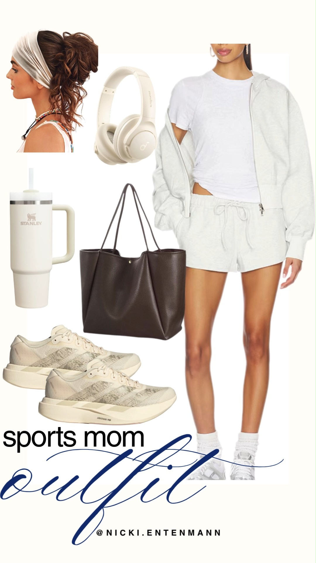 Stay comfortable and stylish on the sidelines with this elevated sports mom outfit featuring a matching grey zip-up hoodie and lounge shorts set. This practical ensemble pairs perfectly with neutral running sneakers and a large chocolate brown tote to carry all your game-day essentials. Complete the look with a wide headband, noise-canceling headphones, and a signature Stanley tumbler for the ultimate functional aesthetic. This chic yet cozy combination is designed to keep you polished during long hours at the field or court.

#sportsmom #sidestyle #gamedayoutfit #athleisure #momstyle #stanleycup #comfortablestyle #neutralaesthetic #ootdinspo #casualstyle 

 #LTKMothersDay #LTKootd #LTKmomlife