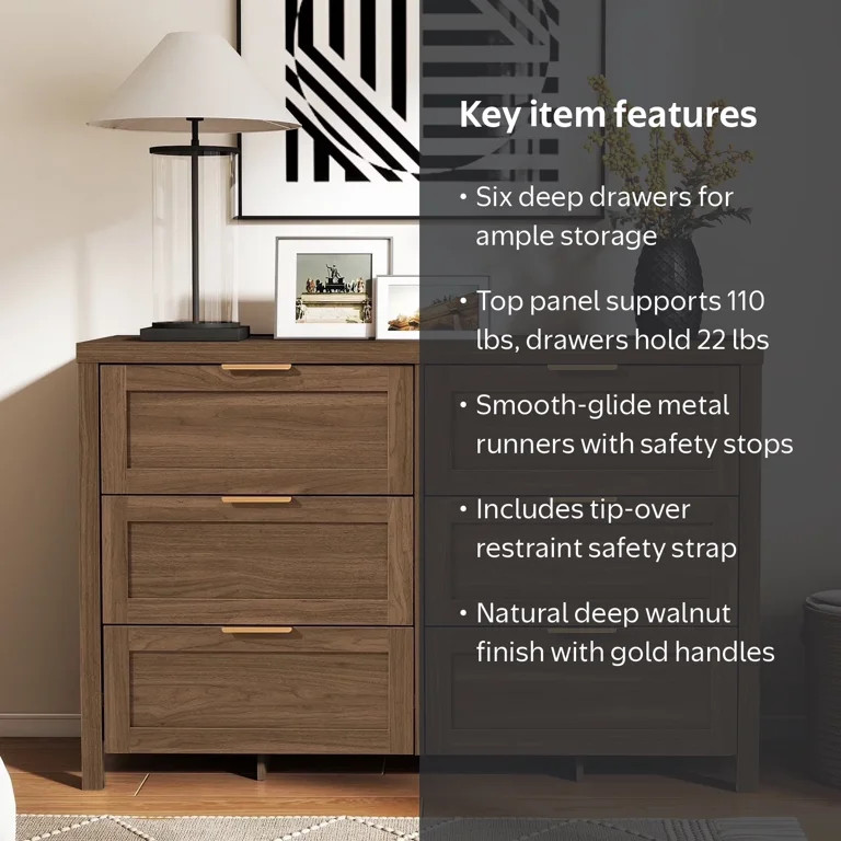 ARKANTOS Wooden 6 Drawer Double Dresser, Large Modern Chests of Drawers for Bedroom, Deep Walnut | Walmart (US)