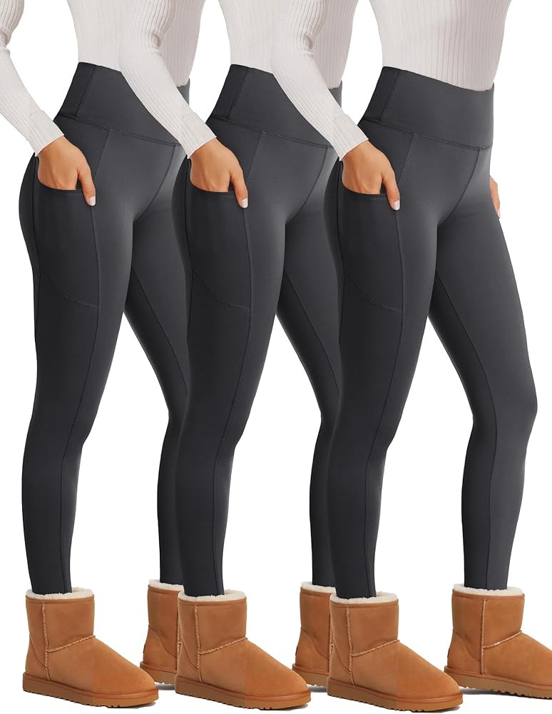 Showitty 3 Pack Fleece Lined Leggings Women with Pockets - Winter Warm Thermal Yoga Pants for Run... | Amazon (US)