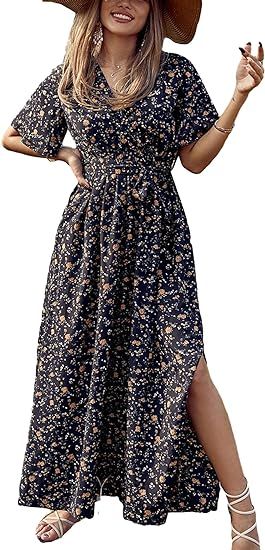 Floerns Women's Short Sleeve Boho Floral Dress A Line Smocked Midi Dress | Amazon (US)