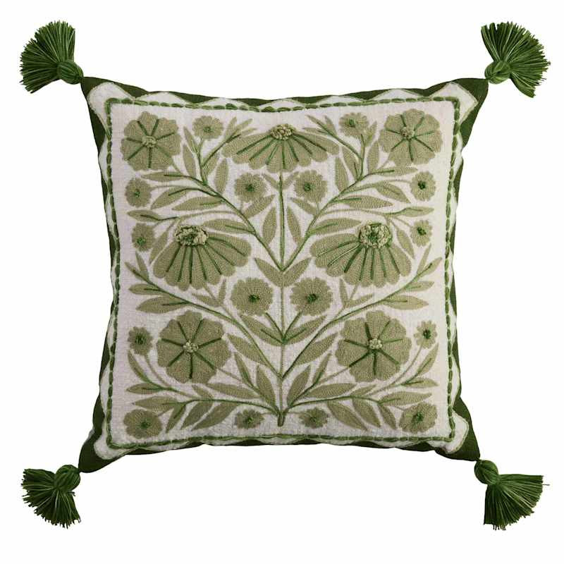 Green Floral Embroidered Square Outdoor Throw Pillow with Tassels, 18" | At Home