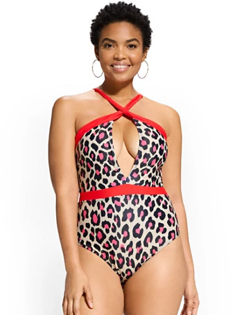 leopard-print halterneck cut-out one-piece swimsuit - ny&c swimwear | New York & Company