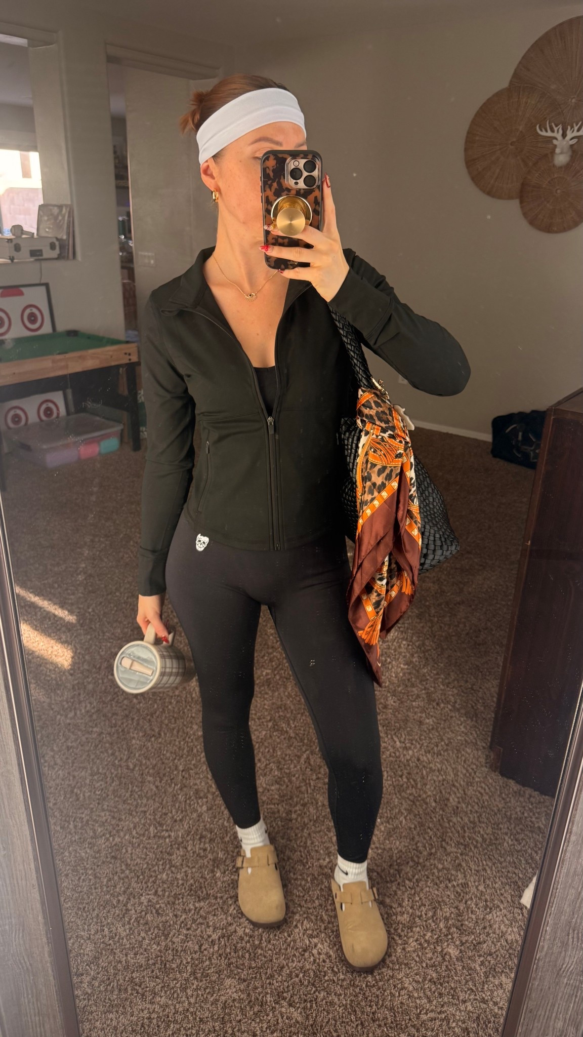Sometimes an all Black activewear moment is the vibe 🖤
•black zip up activewear jacket with zippered pockets: Pinspark on Amazon’s size S
•black Racerback sports bra: gymreapers size S
•black full length activewear leggings with booty scrunch and no front seam: gymreapers size M 
• midrise cotton ankle socks: Nike tts
•mule clogs: tts
•white cotton headband: multipack on Amazon (minimal slipping)
•water bottle/tumbler cup: Hydrojug 
•gold earrings, gold necklace: hypoallergenic 
•Black botega bag look for less: Amazon and do high quality 
•brown and gold Scarf: Burlington 

#LTKPetite #LTKActive #LTKootd