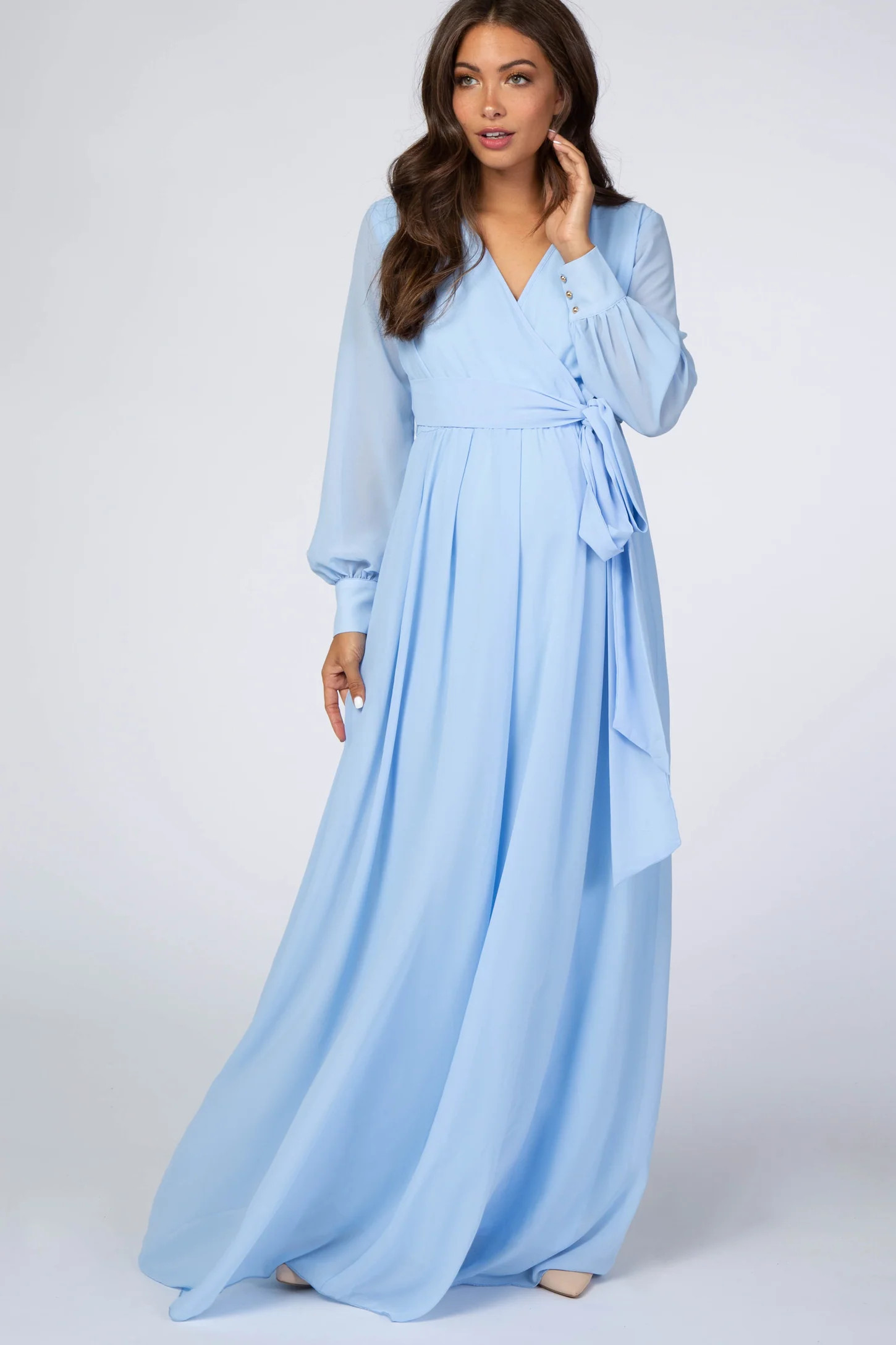 Light Blue Chiffon Long Sleeve Maternity Maxi Dress | PinkBlush Maternity
