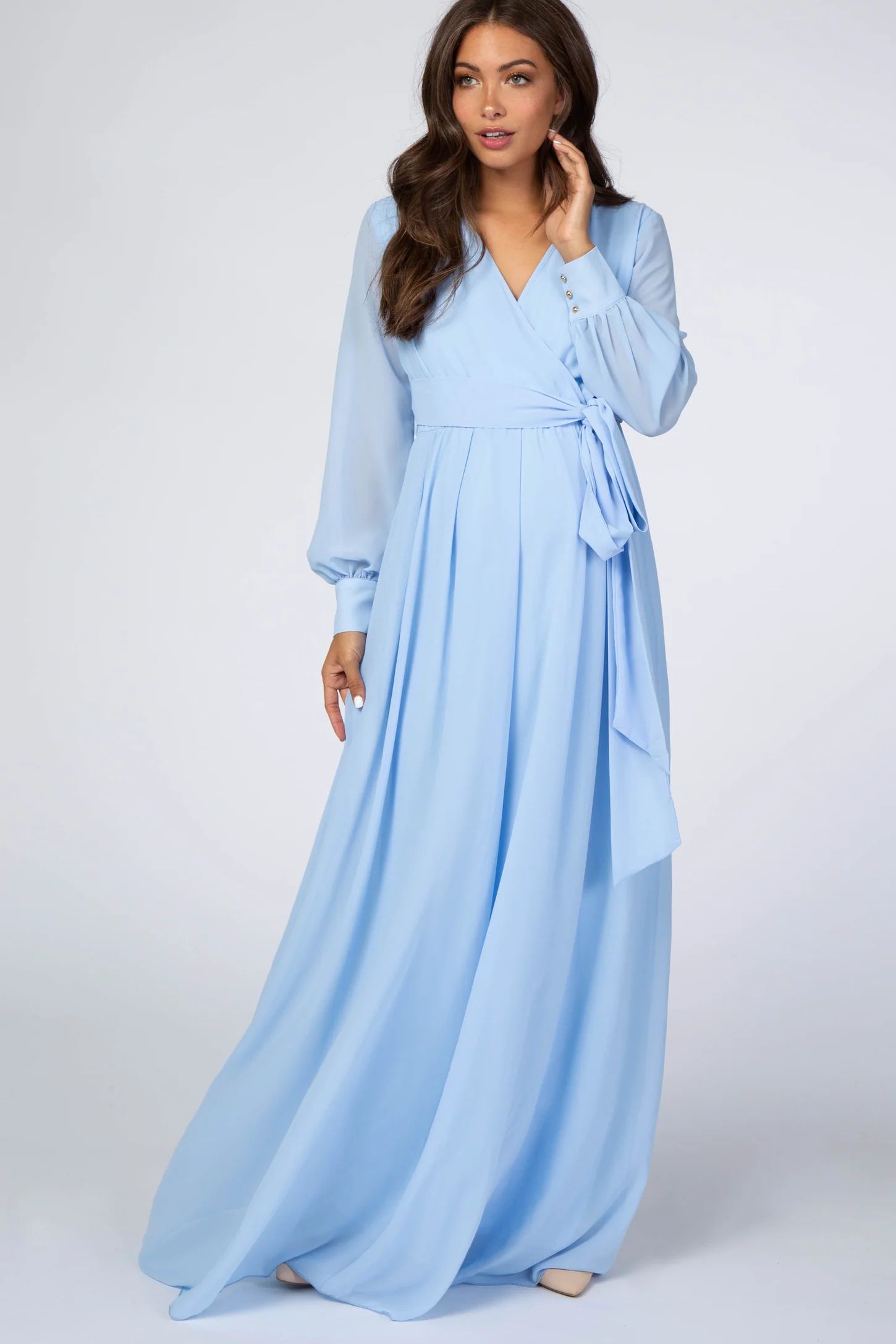 Light Blue Chiffon Long Sleeve Maternity Maxi Dress | PinkBlush Maternity