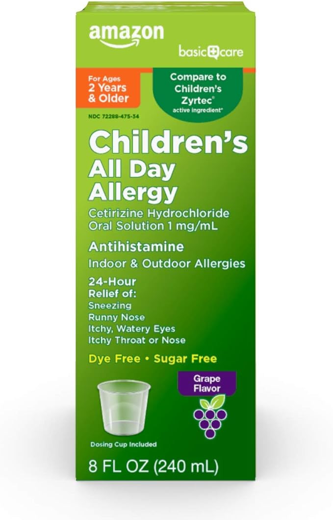 Amazon Basic Care Children’s 24 Hour Allergy Relief, Cetirizine Hydrochloride Oral Solution 1 m... | Amazon (US)