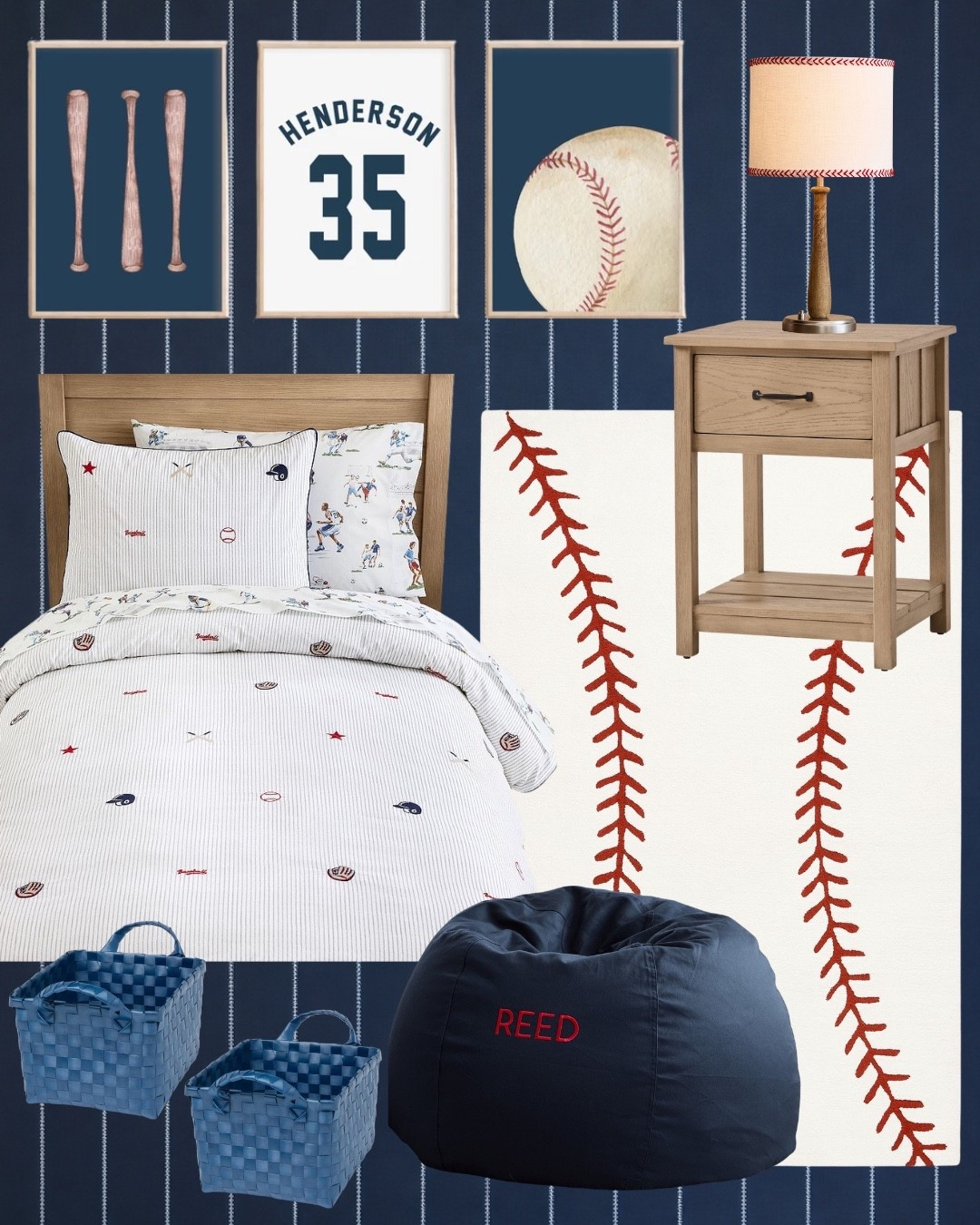 The cutest Americana boys bedroom - I love this baseball themed rug paired with this set of baseball wall art from Etsy! 

Boys room, boys bedroom, kids room, kids bedroom, sports themed bedroom, sports room, sports bedroom design, bean bag, nightstand, wall art, wall art baseball, baseball themed decor, boys room bed, boys room nightstand, boys bedroom wall art, boys room design, boys room decor, bedroom, bed, nightstand, pottery barn, pottery barn boys bedroom, Etsy, target