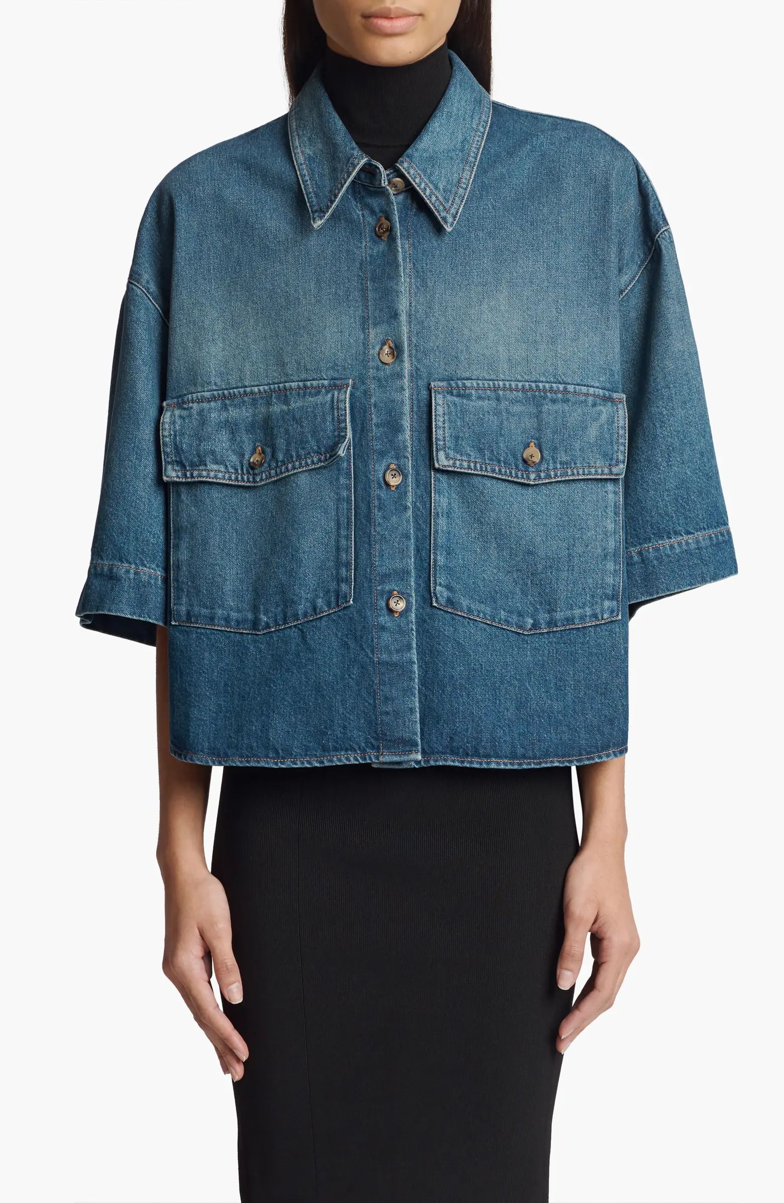 Khaite The Mahsha High-Low Denim Button-Up Shirt | Nordstrom | Nordstrom