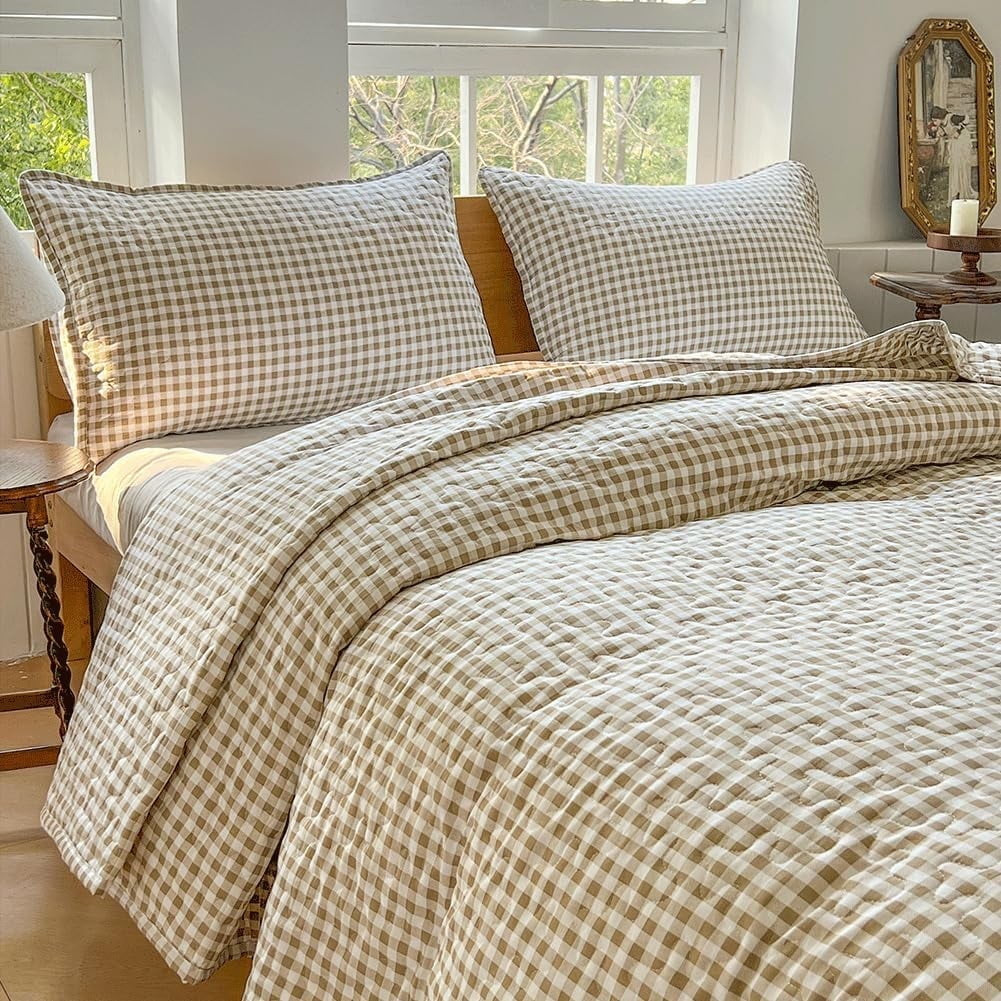 Tan Gingham King Quilt Set, Soft Pre-Washed Microfiber Taupe Plaid King Bedspread, Lightweight Ch... | Walmart (US)