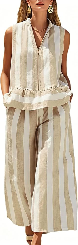 Women's Summer Striped 2 Piece Outfits Sleeveless Ruffle Top and Wide Leg Pants Lounge Zipper Vac... | Amazon (US)