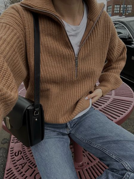 Sweater: xs 
Tee; old. Linked similar 
Bag: Sezane milo 
Jeans: Denim Forum Arlo