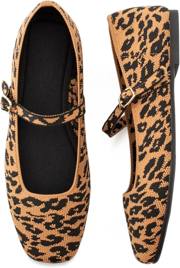 Knit Flats for Women Square Toe Flats Casual Ballet Flats with Ankle Strap,Mary Jane Shoes Women ... | Amazon (US)