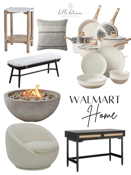 Walmart Home Finds. Swivel accent chair, desk, fire pit, dishes, neutral pots and pans, side table, bench, throw pillow. 
 

#LTKFind #LTKSeasonal #LTKhome