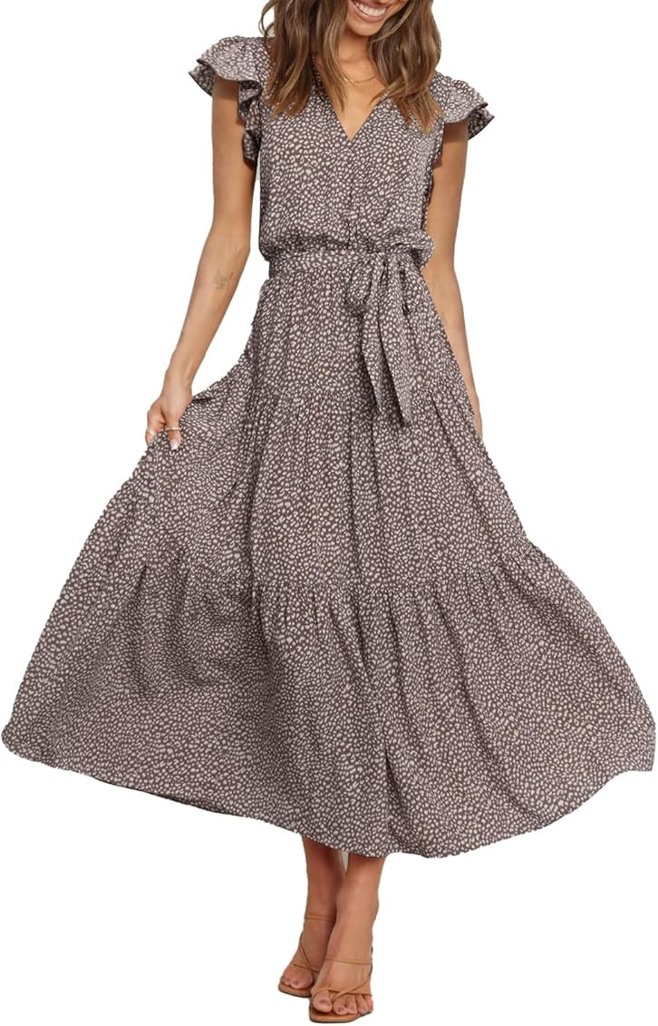 PRETTYGARDEN Women's Boho Floral Summer Dress Wrap V Neck Ruffle Short Sleeve A Line Belted Flowy Ti | Amazon (US)