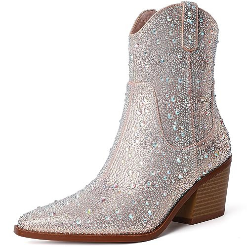 Susanny Rhinestone Sparkly Cowboy Boots for Women Western Ankle Boots Wedding Glitter Low Block Heel Cowgirl Booties Mid Calf Chunky Heel Boots 7 | Amazon (US)