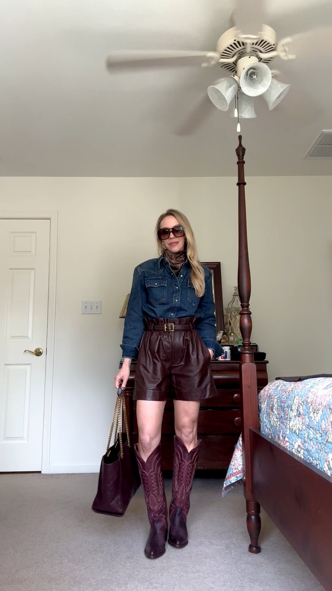 Western chic, fall outfit with paisley scarf, @levi shoulder pad denim shirt, leather shorts, @Tecovas burgundy cowboy boots

#LTKSeasonal #LTKOver40 #LTKSaleAlert