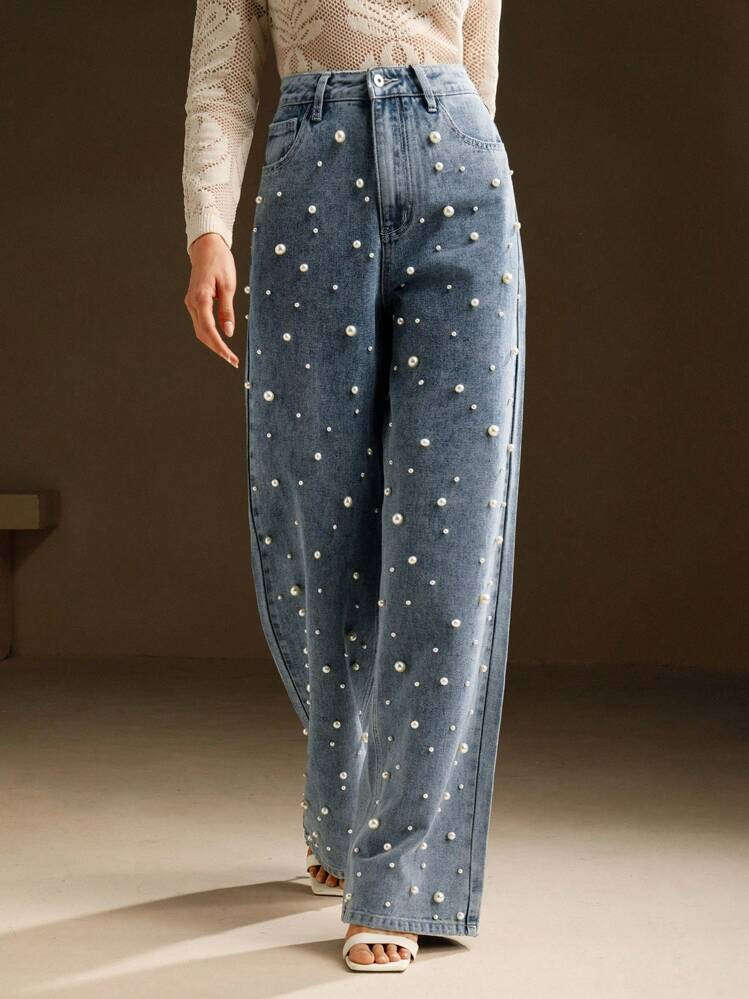 Anewsta Women's High Waist Fashion Pearl Embellished Straight Loose Wide Leg Jeans | SHEIN