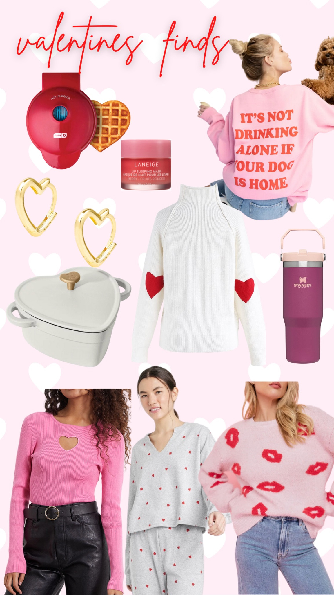 some Valentine’s Day finds 💕❤️💌 pink heart sweater, Stanley cup, heart Dutch oven, heart pajamas, lips sweater, lip mask, heart waffle maker

#LTKfit #LTKU #LTKFind