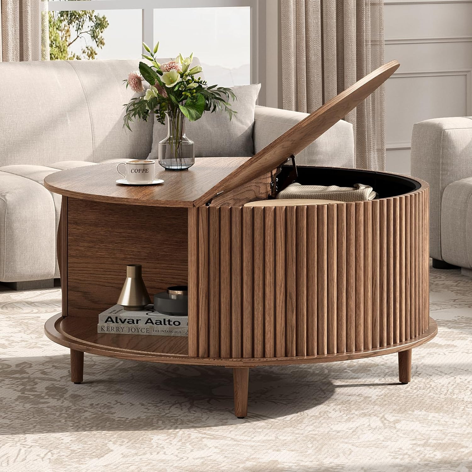 JOINICE 31.5" Round Coffee Table with Storage for Living Room, Walnut | Amazon (US)
